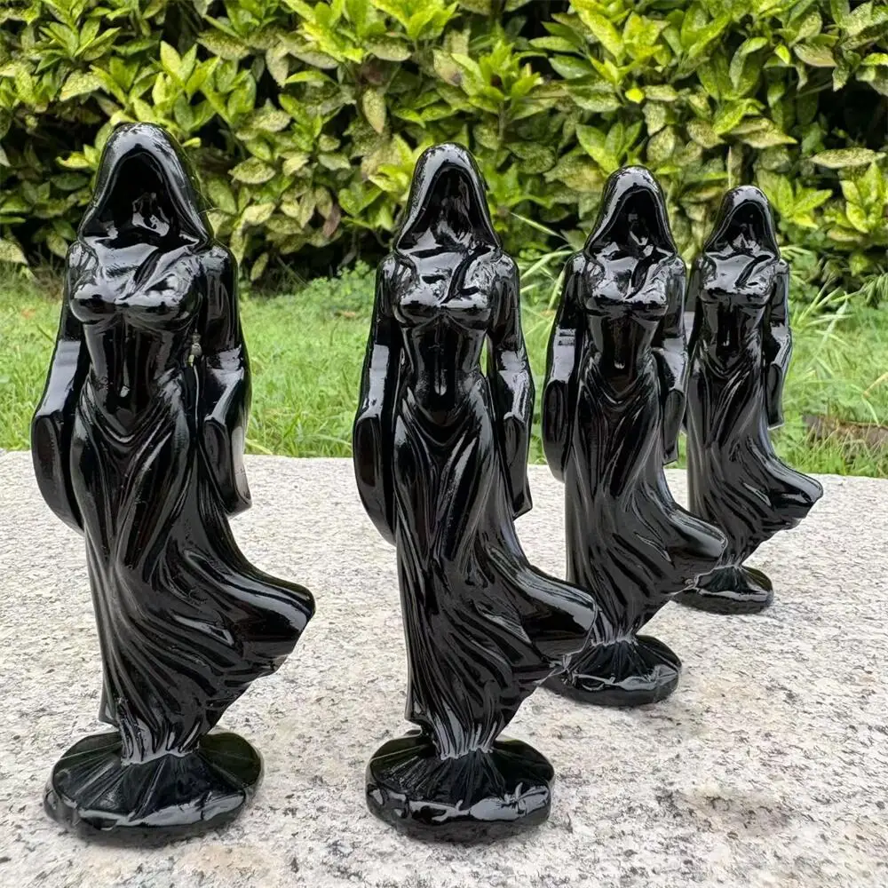 Natural 10cm Black Robe Woman Statue Carving Energy Healing Polished Mineral Home Decor Ornament Figurine