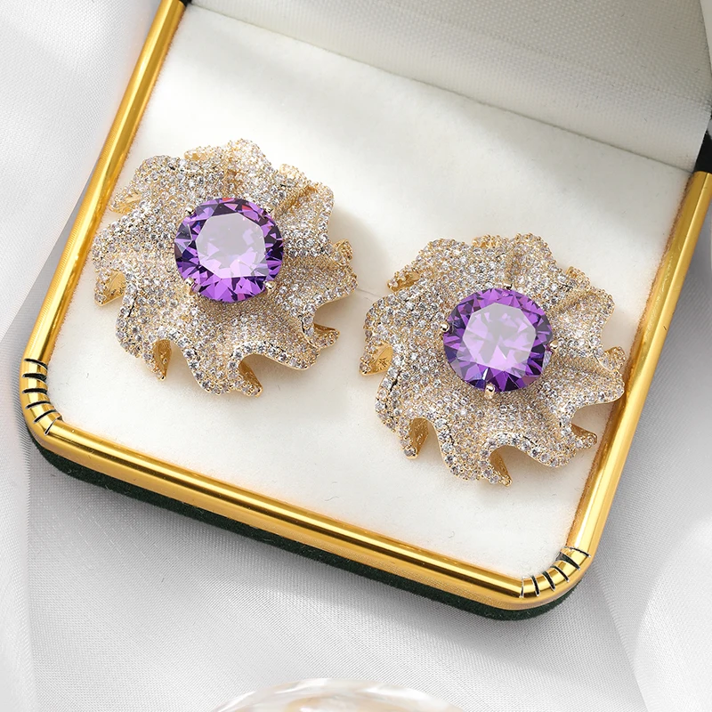 

SENYU Luxury Flower CZ Large Stud Earrings Purple Big Round Shape Stone Dubai Party Jewelry Exquisite Bridal Earrings for Women