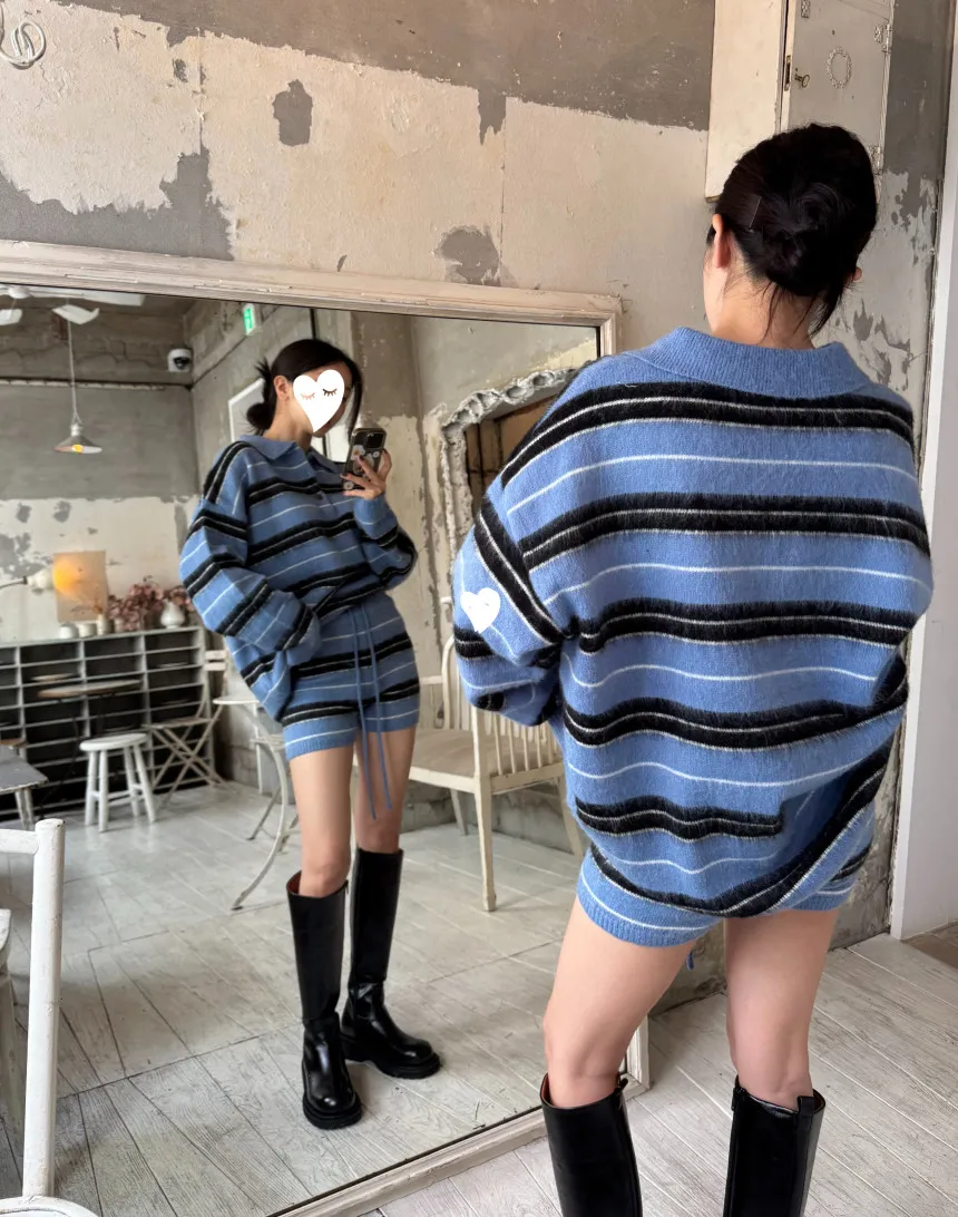 Pantaloncini lavorati a maglia in due pezzi autunno inverno da donna Set maglione ampio a maniche lunghe con colletto rovesciato + maglione con coulisse in vita