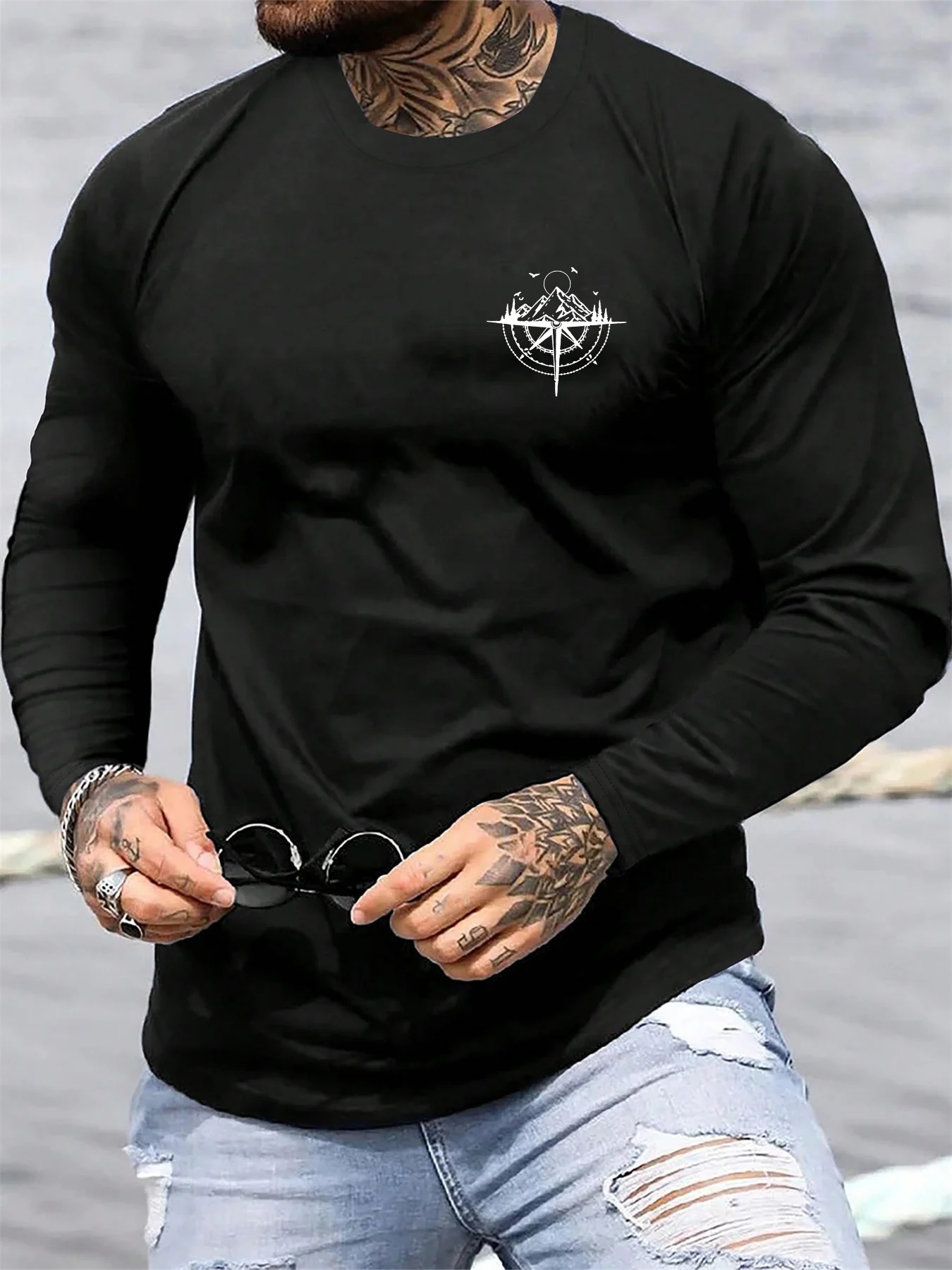 

Fashion Mountain Compass Pattern 3D Printing Men's Long Sleeve T-shirt Tops Summer And Autumn Casual Comfortable Round Neck Tops