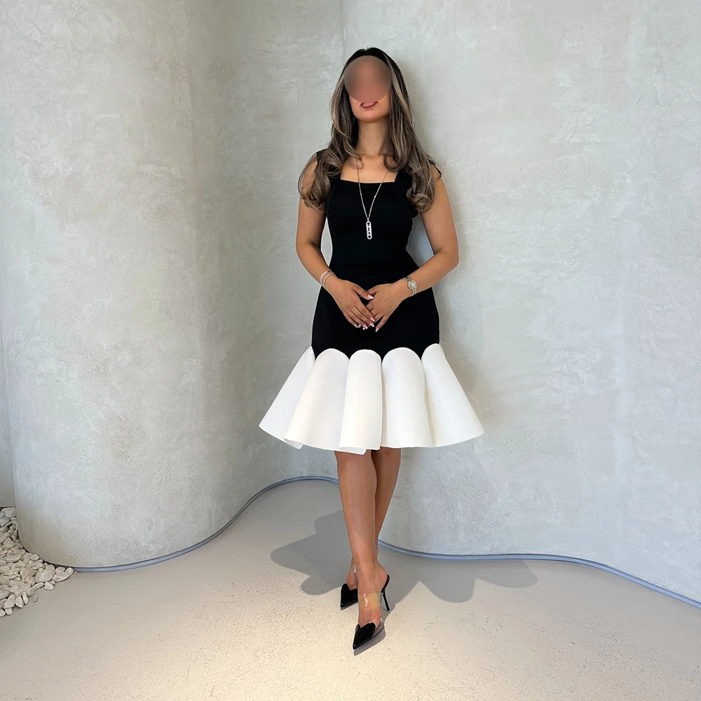 

Customized Black Square Collar Mermaid Evening Dress Strap Contrast Color Draped Party Dress Sleeveless Knee Length Prom Gown