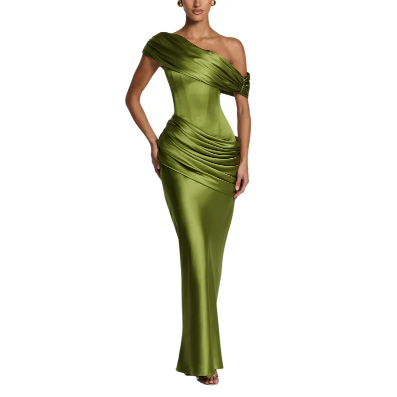Abnehmbares schulterfreies Satin-Korsett-Meerjungfrauenkleid, Abendkleid mit geraffter Taille und Schnürung am Rücken, 2-Wege-Tragevarianten, formelles Hochzeitsgastkleid
