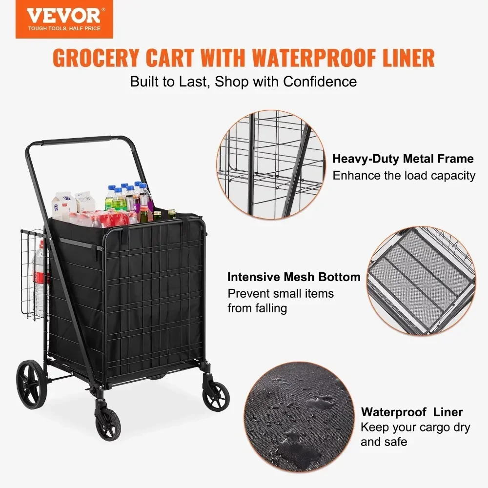 Folding Shopping Cart 330 Pound Heavy-duty Rolling Grocery Cart with Waterproof Detachable Bag Double Basket Practical Handcart