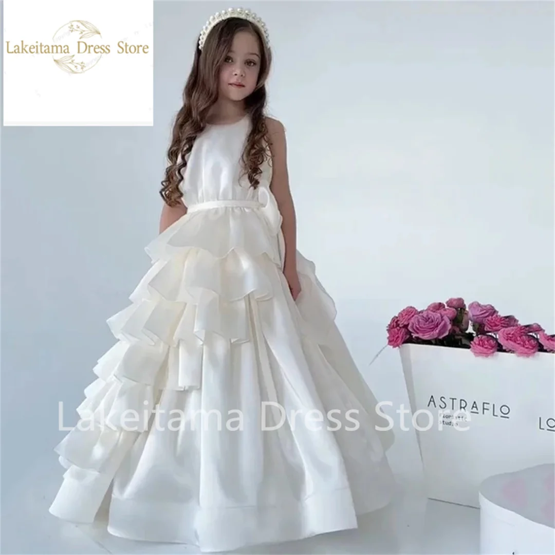 Robe de demoiselle d'honneur en satin superposé, robe en fibre de tulle à col rond gonflé avec nœud, robe de Rhd'anniversaire pour enfants, robe de première communion, mariage