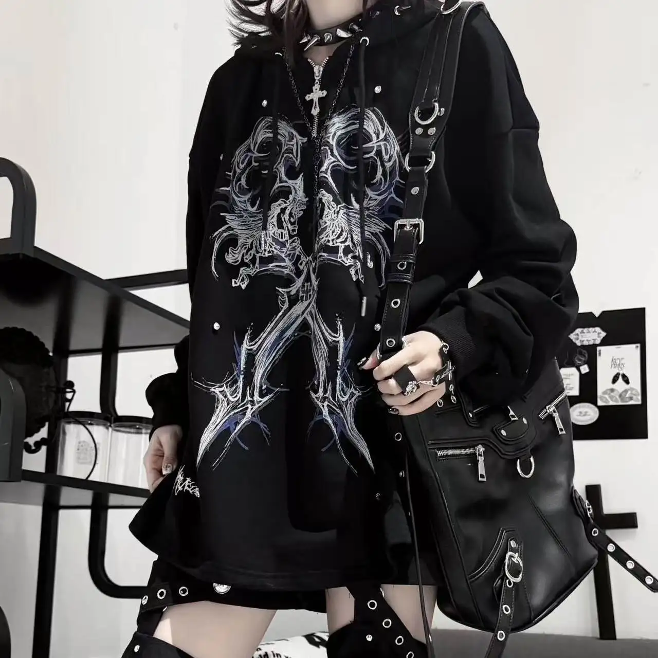 Y2K Punk Heavy Metal Abstract Skeleton Zip Up Hooded Sweatshirt Printed Tie-dye Subculture Long Rivet Dark Sweatshirts