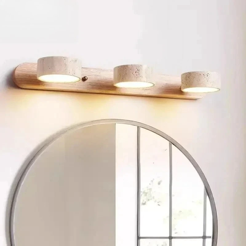 Spanish Natural Limestone Wall Lamp Rotatable Round LED  Double‑Sided Creative Vanity Mirror Headboard Bedroom Bathroom Decor