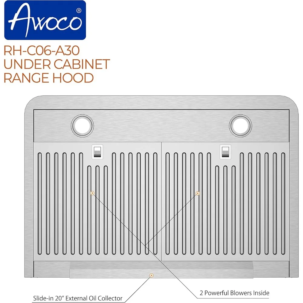 RH-C06-A30 Classic 6” High 1mm Thick Stainless Steel Under Cabinet 4 Speeds 900 CFM Range Hood