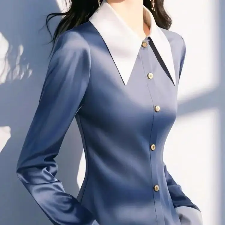 

Синяя атласная женская блузка 2025 года, новая весенняя коллекция, свободный крой, с длинным рукавом, для офиса, профессиональный стиль, высококачественная модная одежда