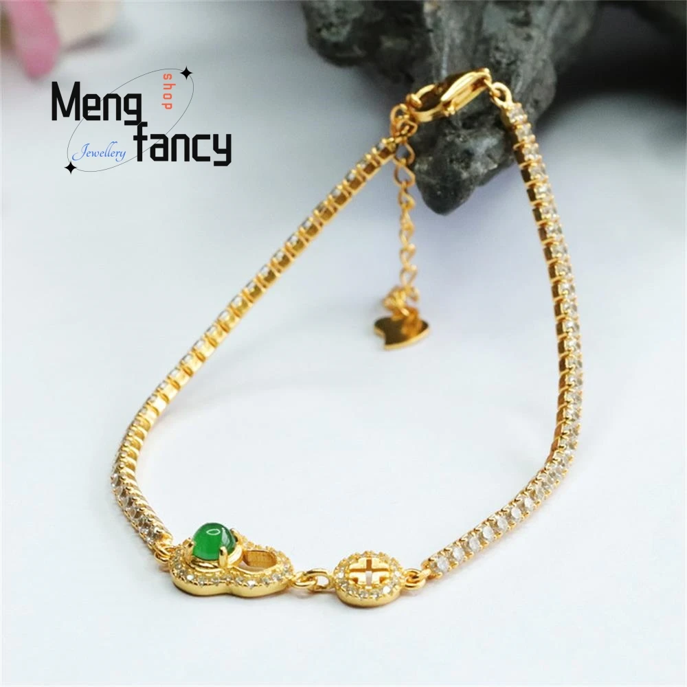 S925 Silver Inlaid Natural Jadeite Ice Type Imperial Green Gourd Bracelet Exquisite Elegant Simple High-grade Fashion Jewelry