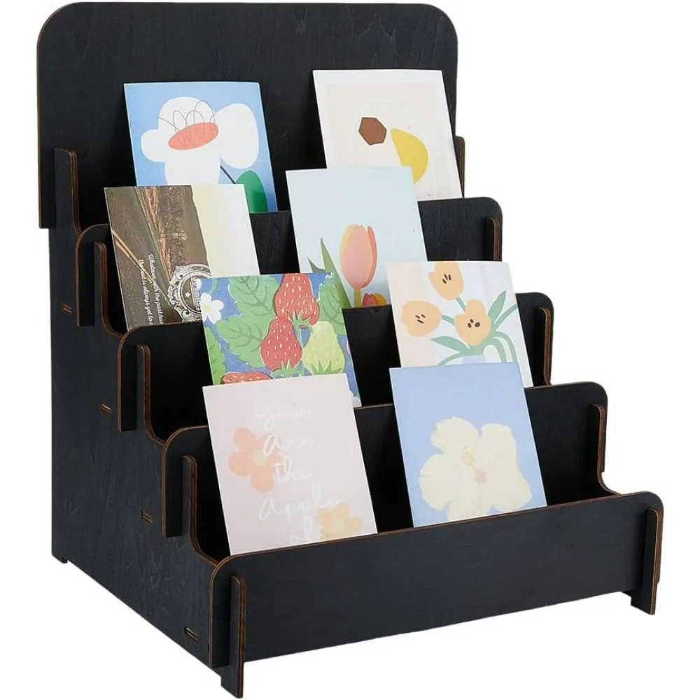 

4-Tier Sticker Display Stand Wooden Greeting Card Display Stand Black Vendors Postcard Organizer Multipurpose Brochure Holder