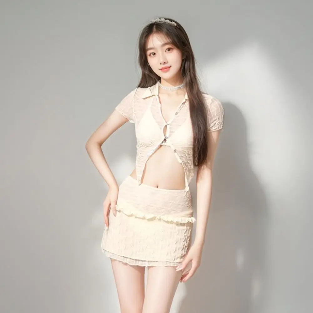 

New Short Sleeve Three-pieces Swimsuit Solid Ruffle Cover-Ups High Waist Slimming Bathing Suit Beachwear