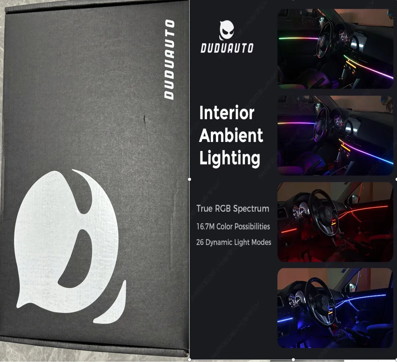 Tienda UE DUDUAUTO DUDU7/6/5/4 Accesorios para coche Tira de luces para coche Versión de 8 luces Iluminación ambiental interior Espectro RCB real Luces ambientales universales Luces ambientales LED para coche Control inalámbrico por aplicación de música Espectro RGB automático 26 modos de luz dinámica