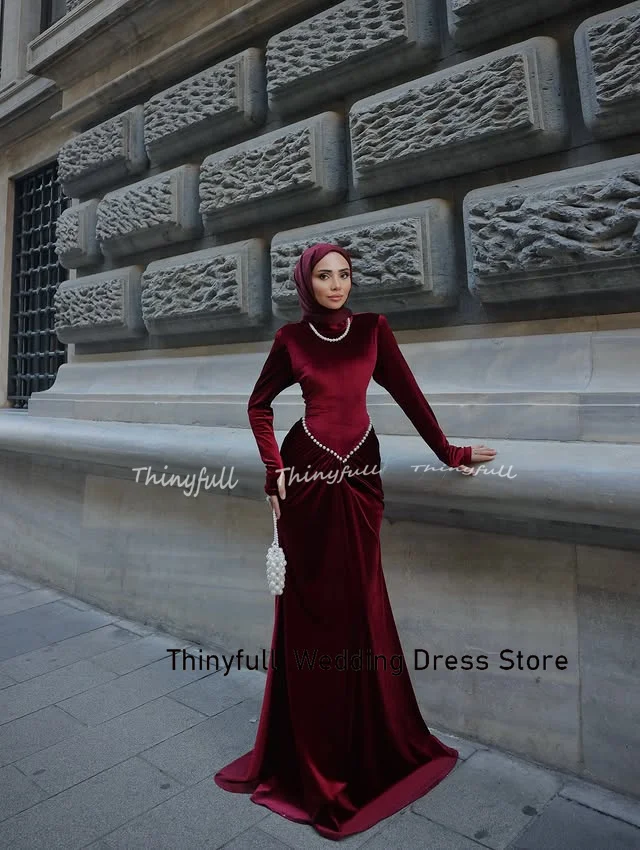 Thinyfull sirena terciopelo musulmán vestidos De graduación mangas completas cuello alto perlas vestidos De fiesta De noche bata De Soirée personalizado