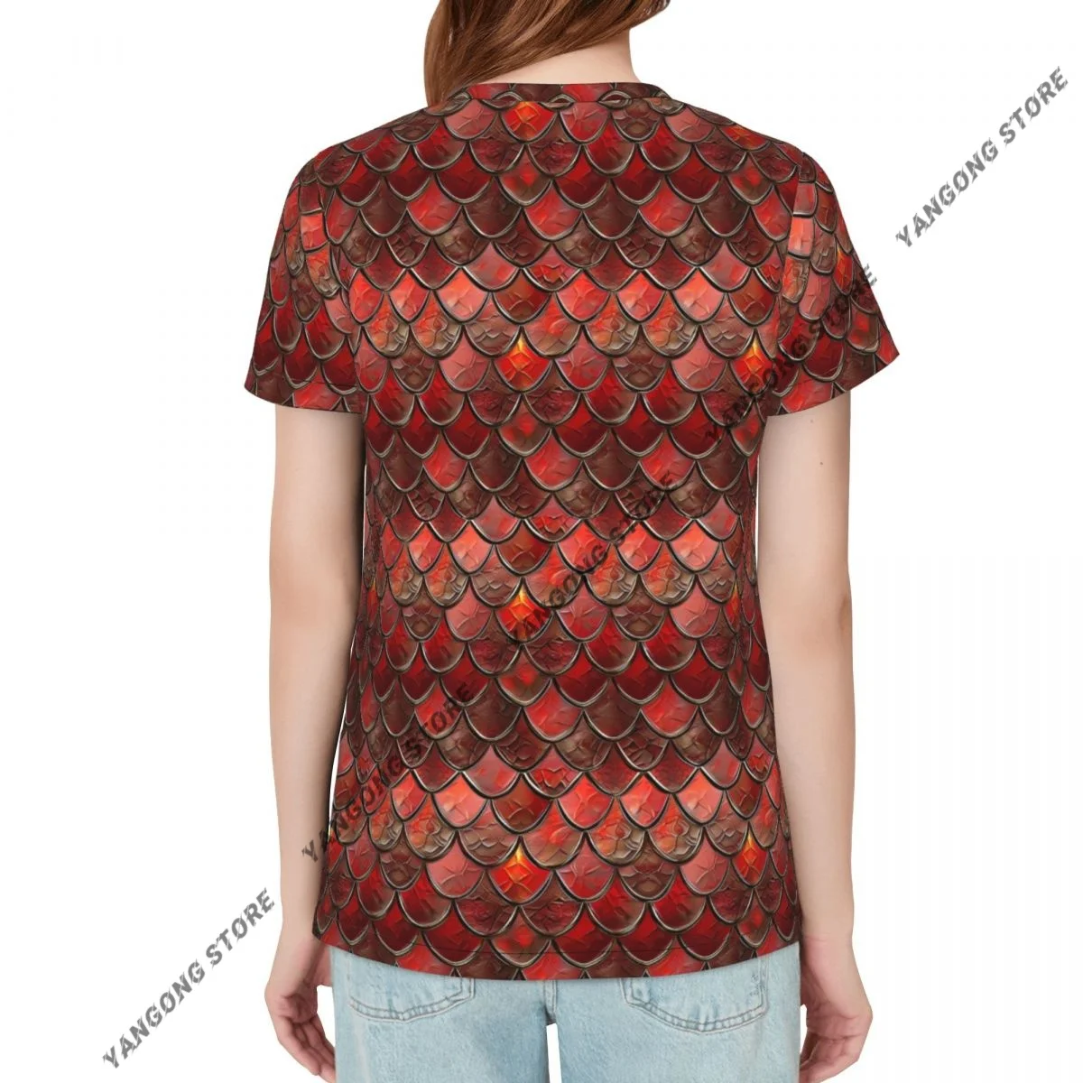 Womens Short Sleeve Mermaid Dragon Scales Casual Tee Clothing Crewneck Woman T-Shirts