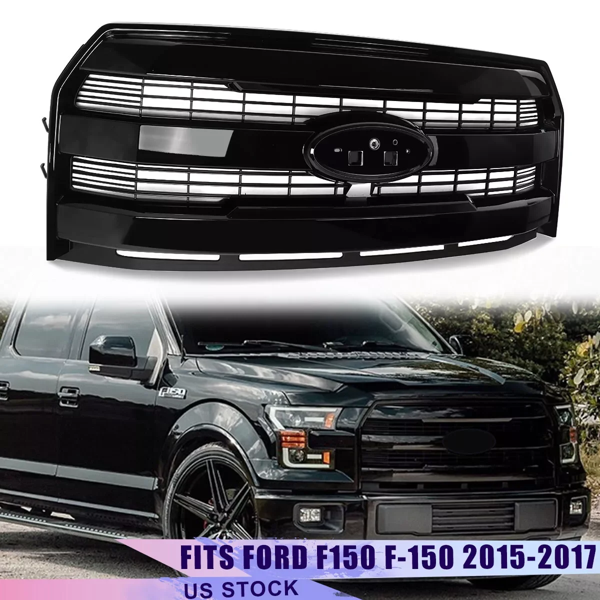 

Magickit Front Grille For 2015 2016 2017 Ford F-150 Glossy Black Front Upper Grille with Camera Radiator Mesh Grille Assembly