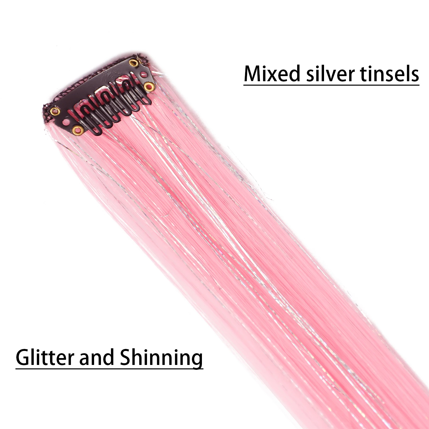 Clip in Pink Hair Extensions Mixed Silver Tinsels Synthetic Rainbow Hairpiece Holiday Party Highlights for Women Girls