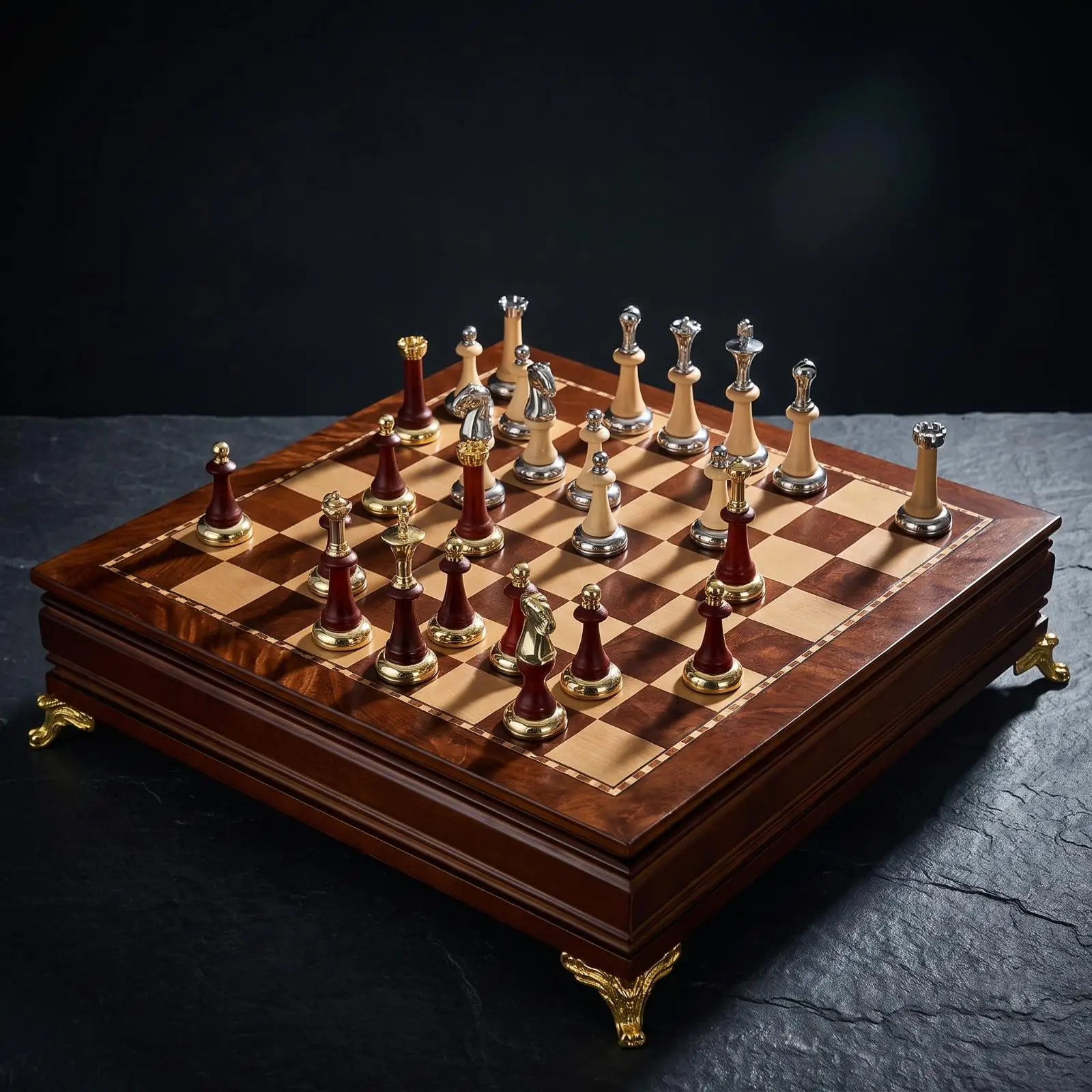 High Quality Wooden Chessboard with Drawer and Polished Metal Chessmen for Strategy Game