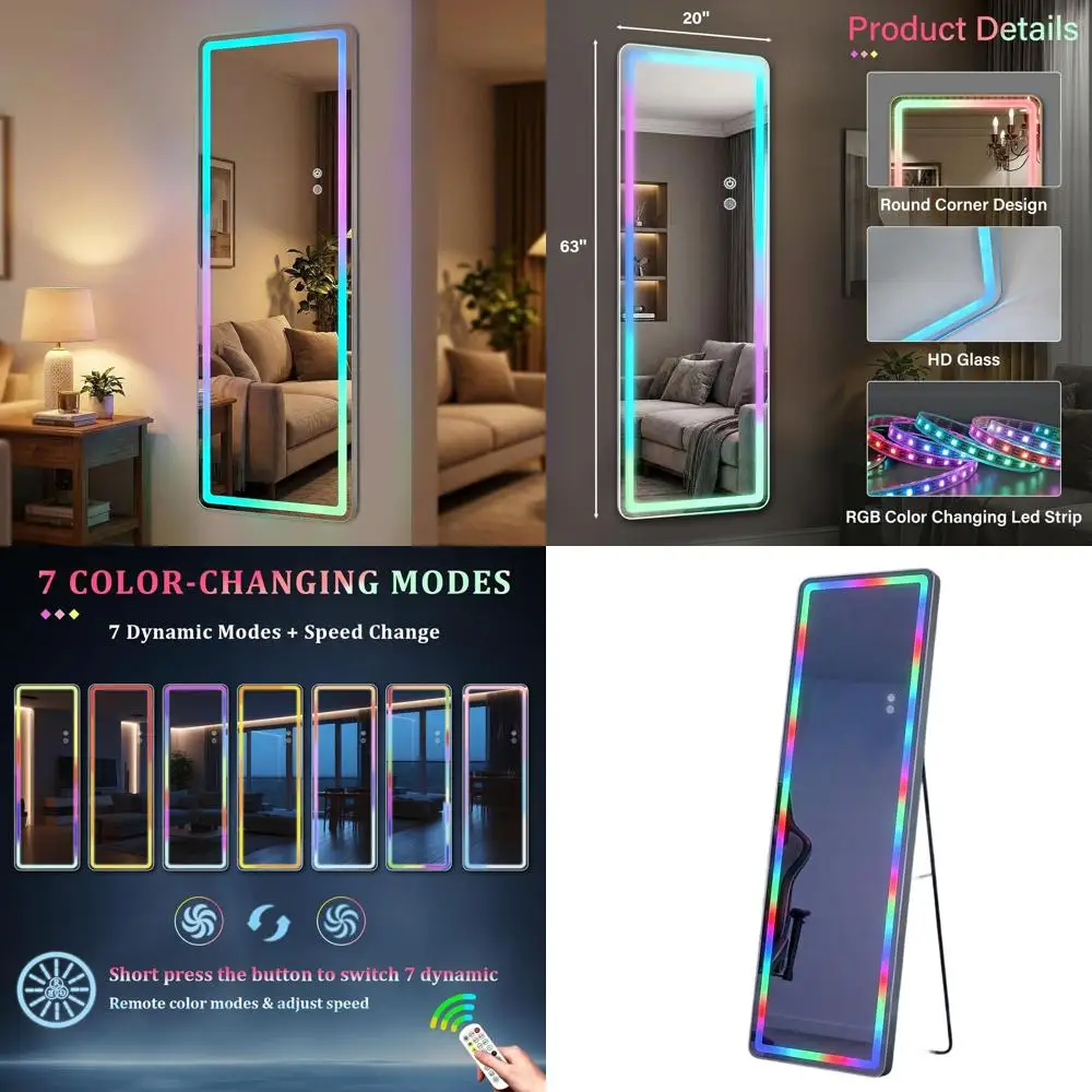 63 Full-Length LED Mirror with 7 RGB Color-Changing Lights, Suitable for Wall Mount or Leaning, Ideal for Living Rooms and Bedro