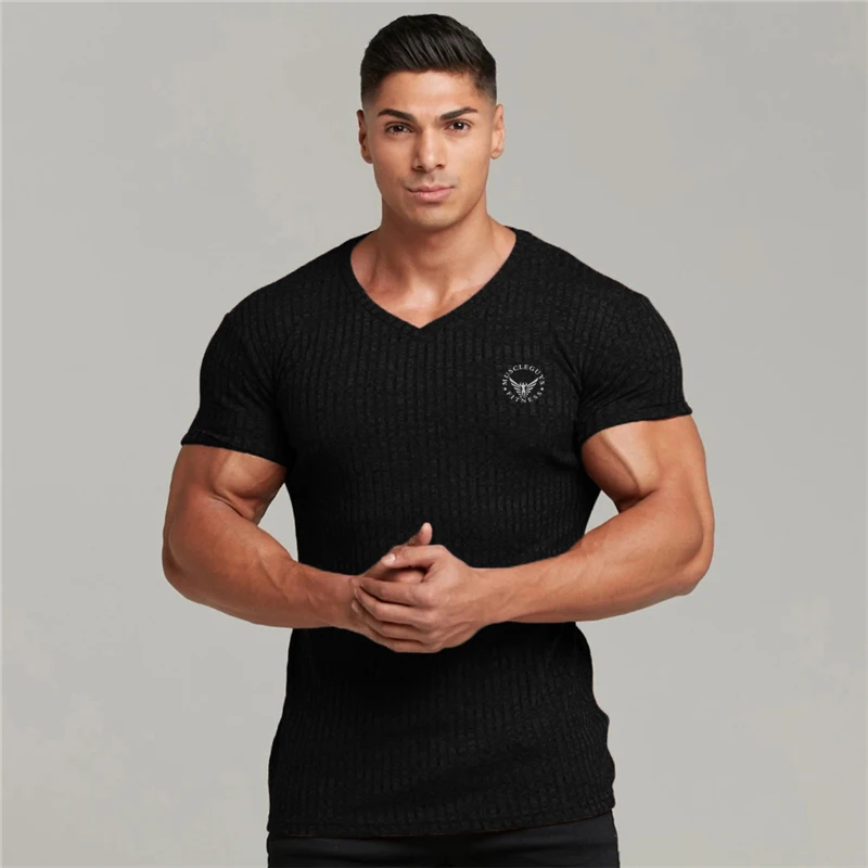 

Mens Casual Brand Fashion V-neck Knitted T-shirt Bodybuilding Printed Cool Tee Shirt Fitness Summer Short Sleeve T Shirts