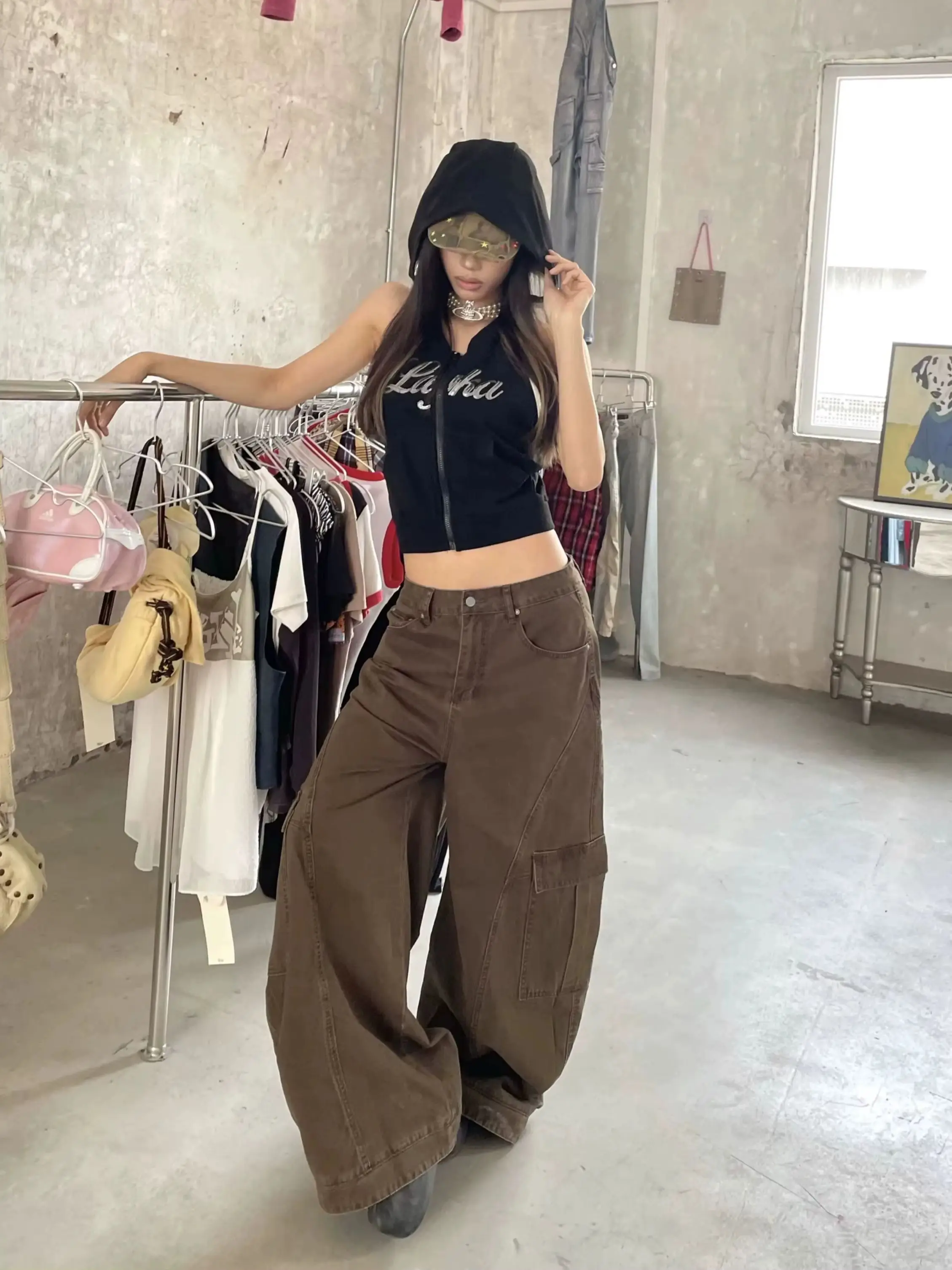 Y2K Cargobroek Dames Vintage Bruine Multi Pocket Werkbroek High End Y2K Fashion 3D Tapered Fit