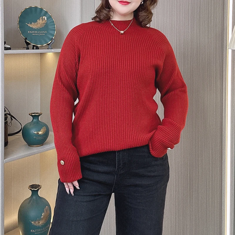 Plus Size Women Sweater Autumn Winter Mock Neck Pullover Cuffs Button Knitted Jumpers 2482