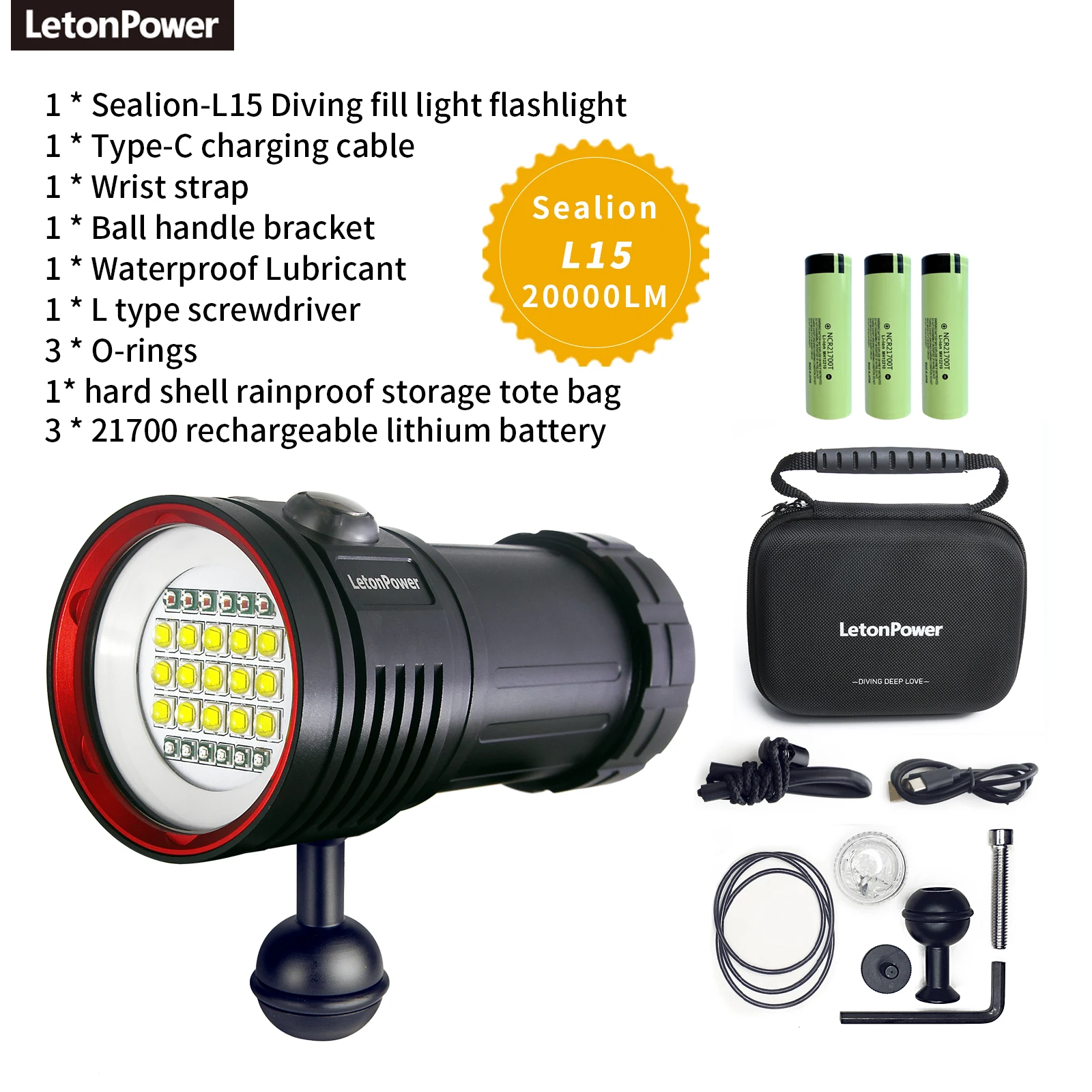 Letonpower Duiken Zaklamp 22800Lumen Rechargeabl Onderwater Verlichting 100M Waterdichte Zaklamp Voor Fotografie Video Fill Light