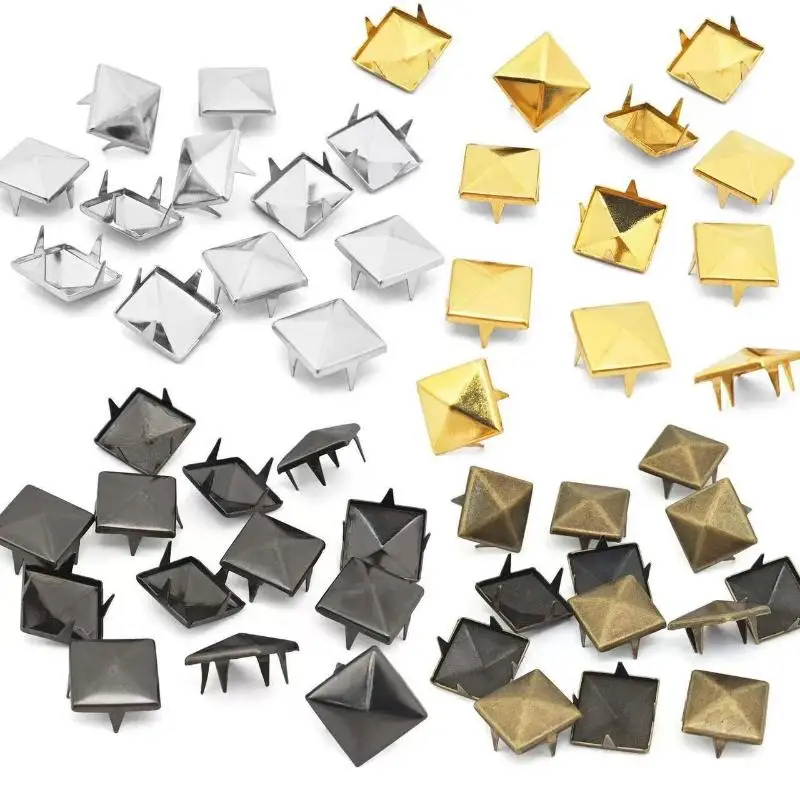 100Pcs Metal Studs Square Pyramid Spikes 4 Prongs DIY Rivets for Leathercraft Punk Belts Shoes Rehab