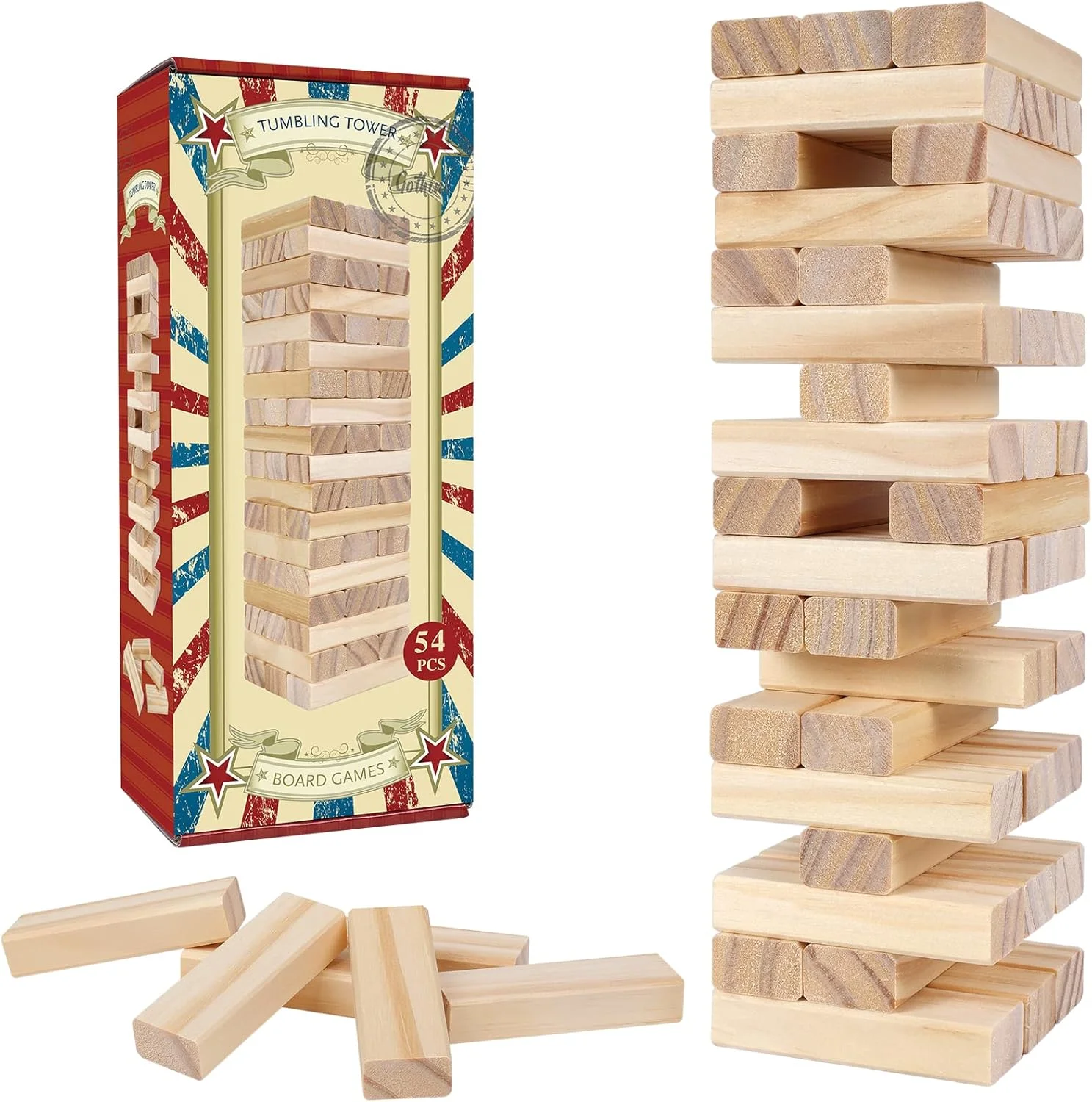 

Tumble Tower Game for Kids and Adults, 54pcs Wooden Board Stacking Game for Family Games Night, Classical Wood Blocks Game, Stan