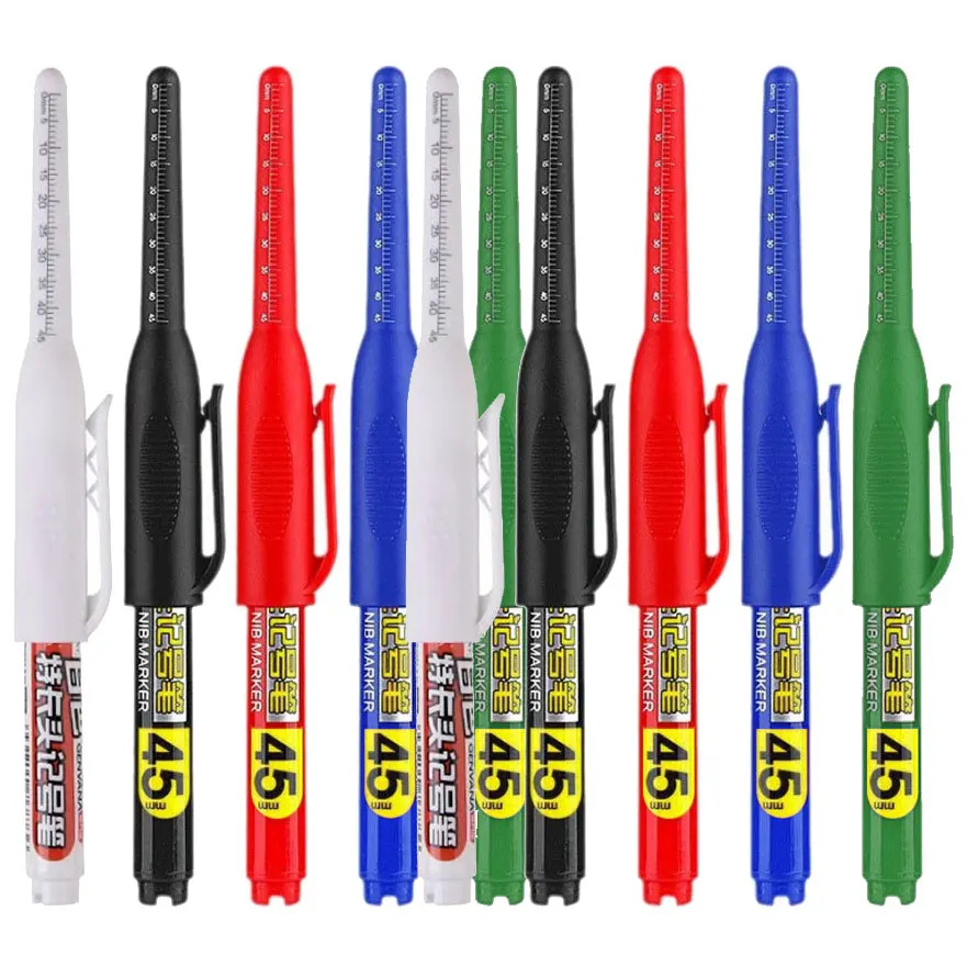 

10PCS 45mm Tip Waterproof Long Head Marker Pen Quick-Dry Ink for Woodworking Construction, Deep Hole Non-Toxic Black Red Blue