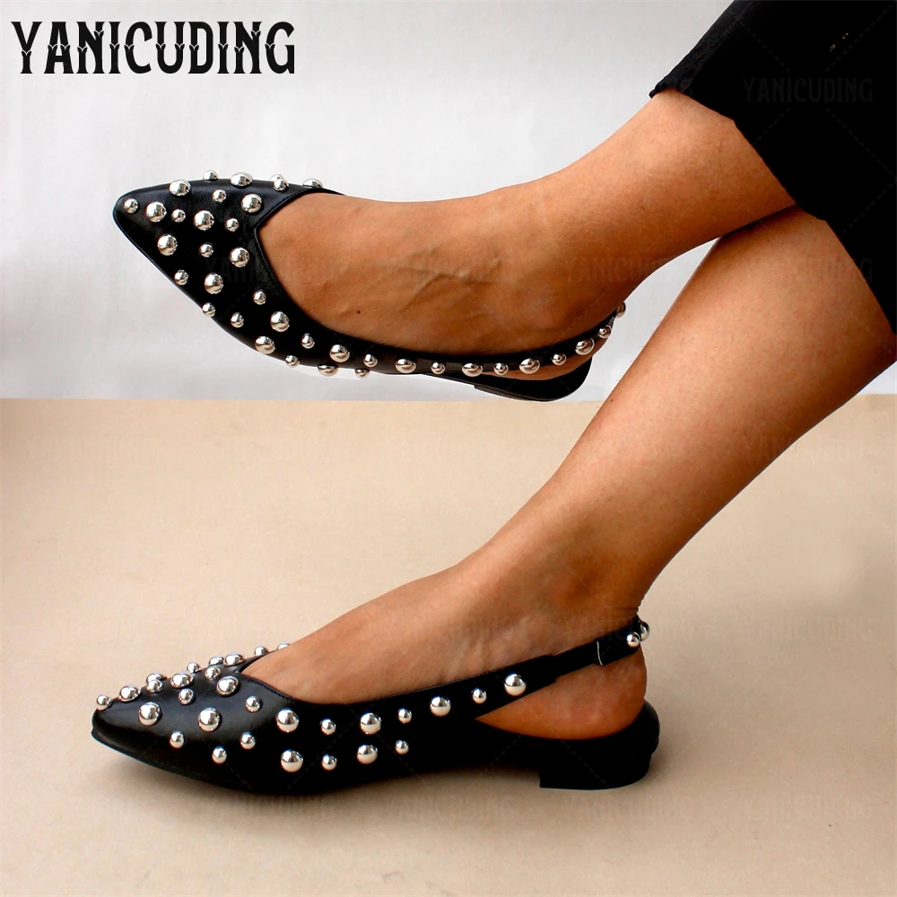 Metallic Beaded Pointed Toe Flats Black Patent Leather Elastic Band Flats Elegant Slip-On Comfortable Leather Shoes Custom Color