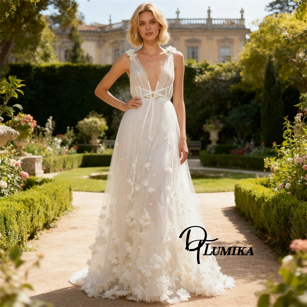 Mesh Long Bride Dress Tank Sleeves 3D Flowers Detailing A Line Maxi Wedding Dresses for Women Customized Plus Size Bridal Gown