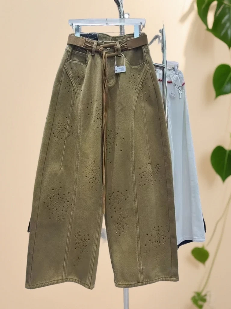 

High Waist Wide Leg Denim Jeans Women's Spring Faion Bling Bling Drill Embellied Casual Loose Fit Blue Jeans