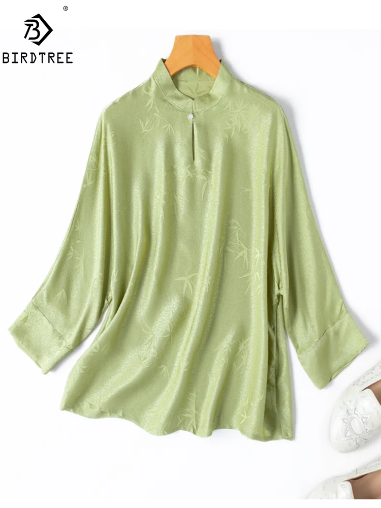 BirdTree,Women Batwing Sleeve Stand Neck,100%Real Silk Elegant T Shirt,OL Fashion Chinese Blouse,2024 Spring Autumn T45673QM