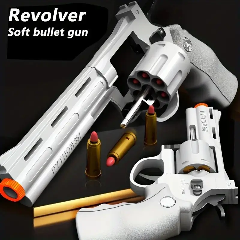 Pistola de juguete revólver, disparo manual, bala blanda, juguete de pistola de balas blandas para lanzar carcasa, pistola de juguete revólver larga (contiene 6 balas y