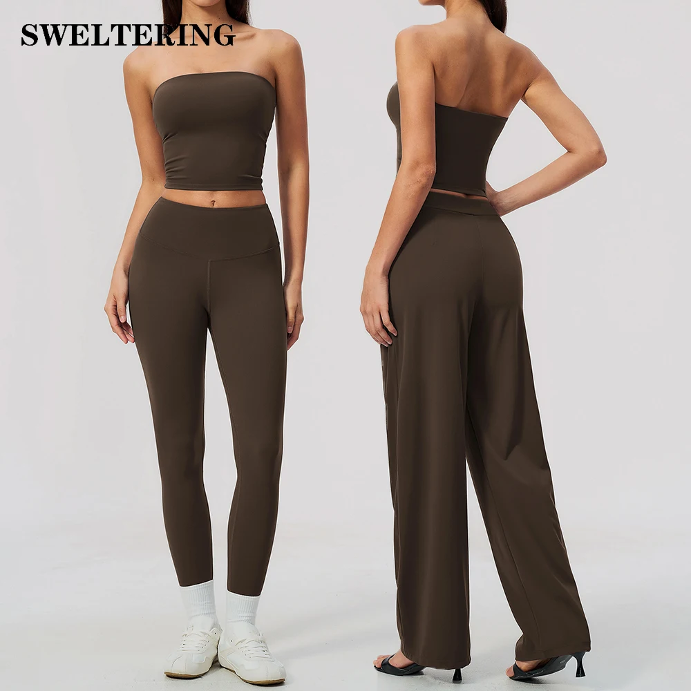 2PCS Fitness Suit Women's Tracksuit Strapless Crop Top Sports Outfits Gym Clothes Female High Waist Flared Pants Workout Clothes