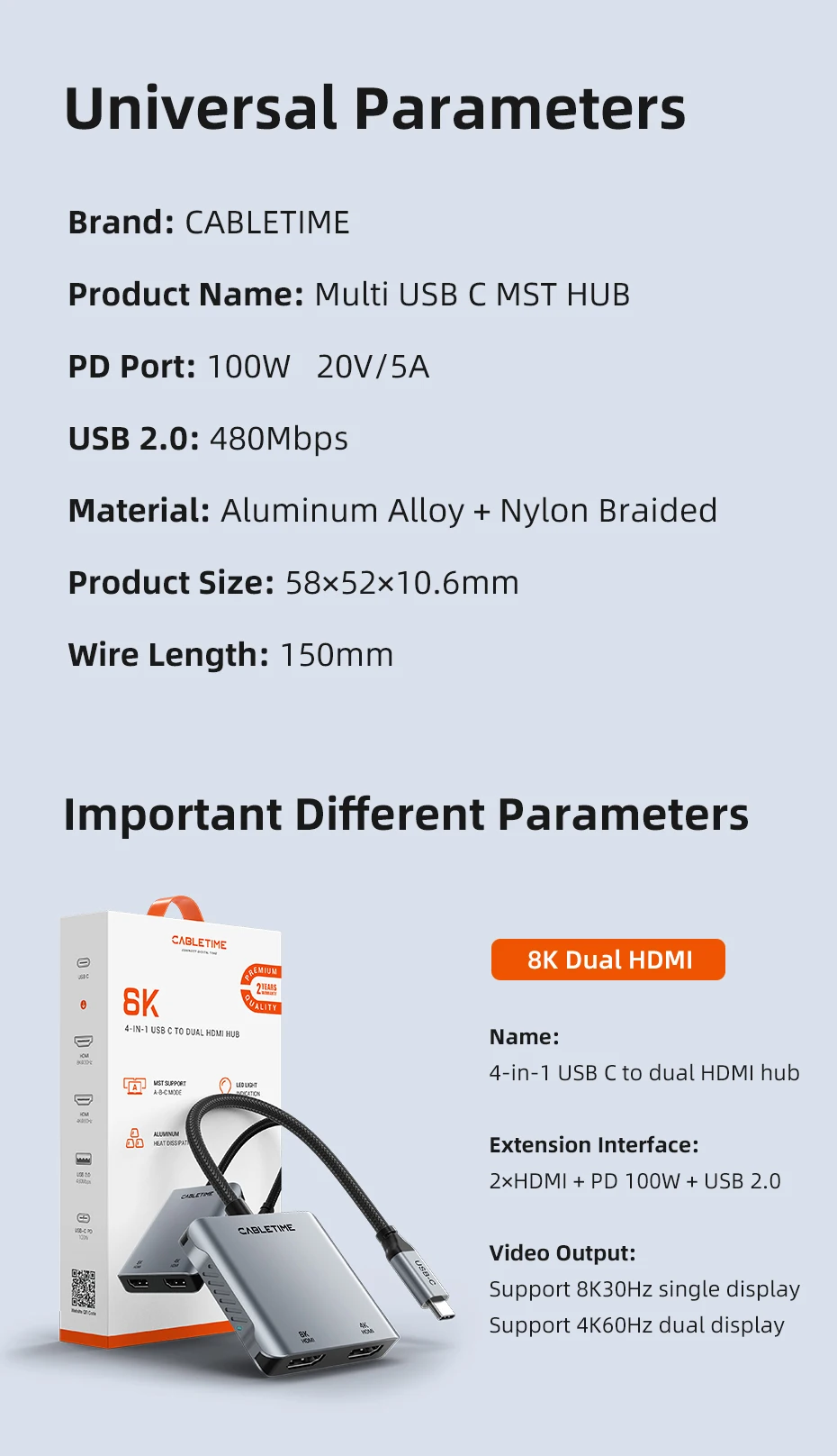 CABLETIME USB C zu HDMI Adapter MST 4K 8K Dual HDMI Monitor Konverter Dreifach Display Kompatibel mit M1/M2/M3 Windows Mac Laptop – Detail 12