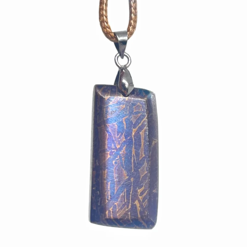 Muonionalusta Iron Meteorite Rectangle Pendant Titanium Color‑Coated Widmanstätten Pattern Braided Rope Necklace LK483