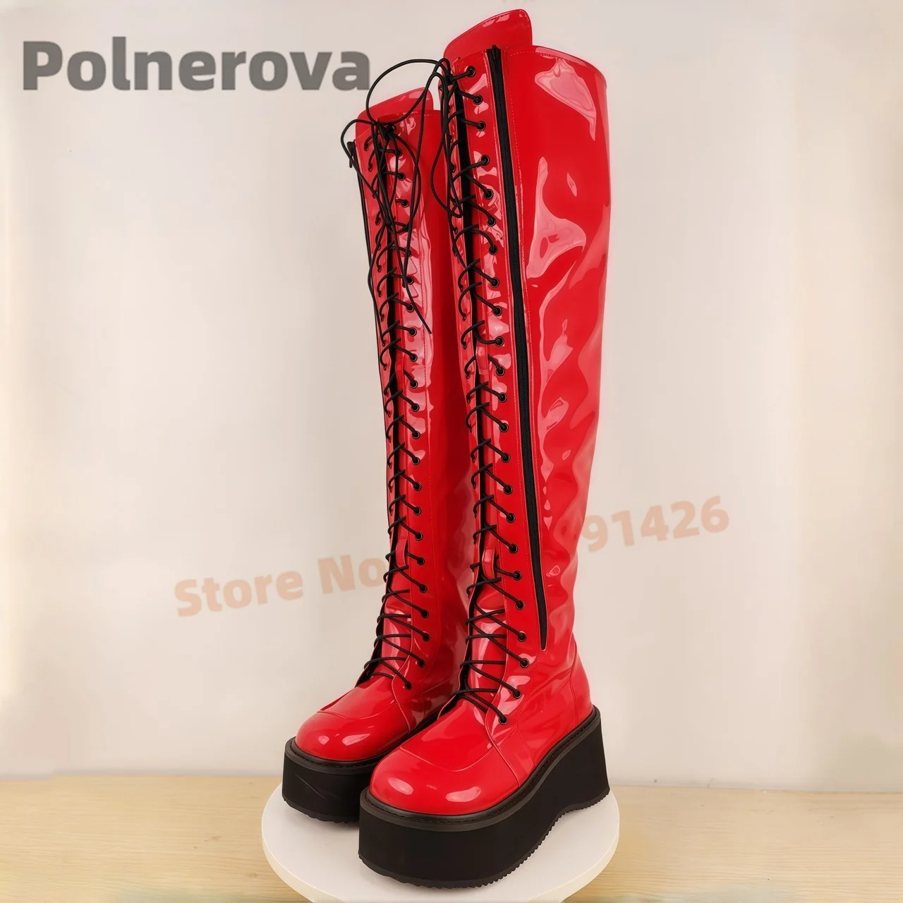 

Red Patent Leather Knee High Boots for Women Sexy Thich Bottom Platform Long Boots Front Lace Up Cospaly Catwalk Sweet Shoes