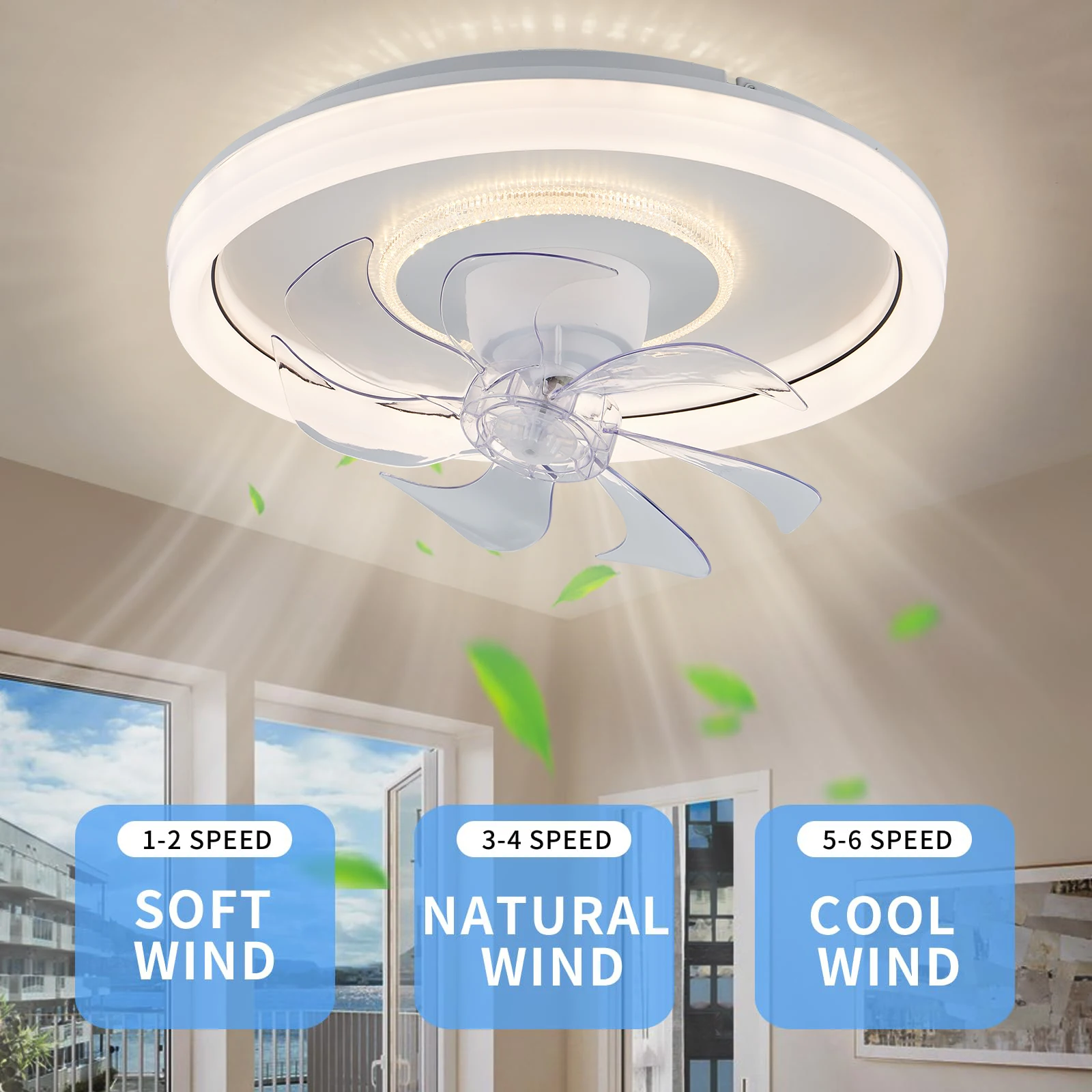 IRALAN 19 Inch Modern Ceiling Fans with Lights and Remote, Oscillating Low Profile Ceiling Fan,Dimmable,6 Wind Speeds White