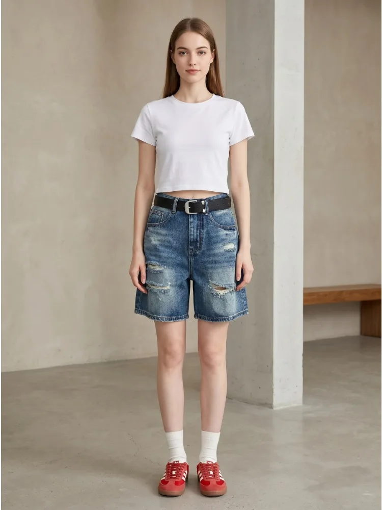 

New Retro Blue High Waist Thin Hole Straight Denim Five-point Wide Leg Shorts Women's High Waist Casual Fashion Versatile Summer