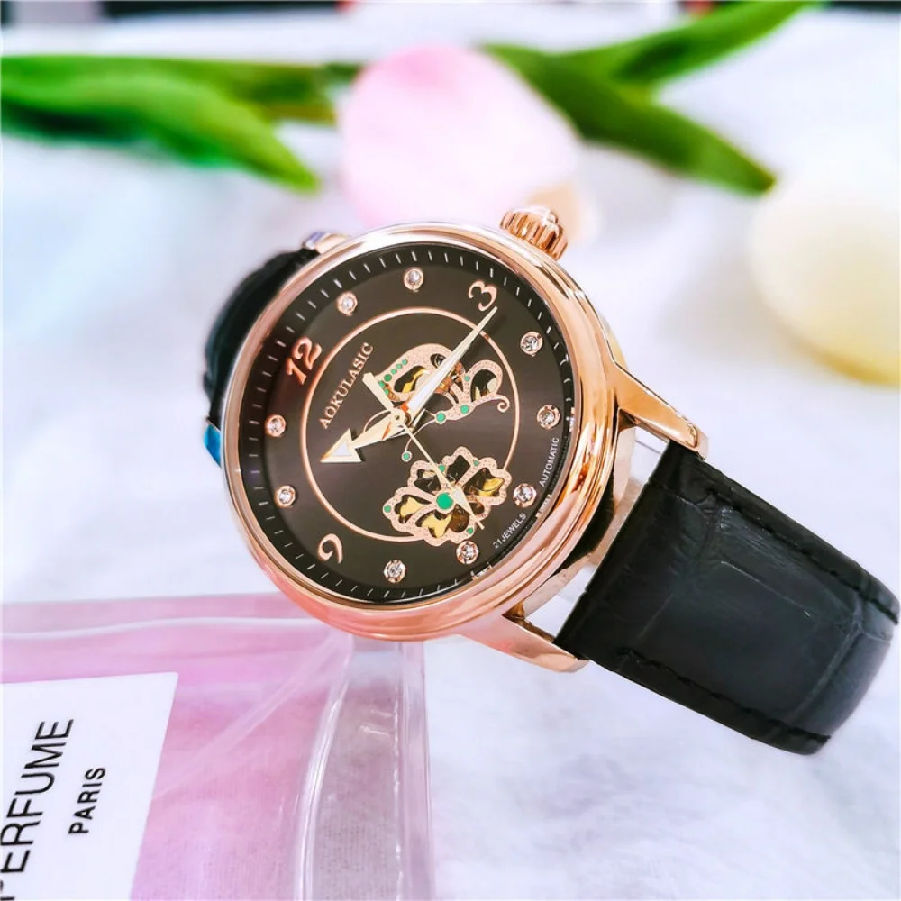 Elegant Women's Fully Automatic Skeleton Watch with Diamond Inlays