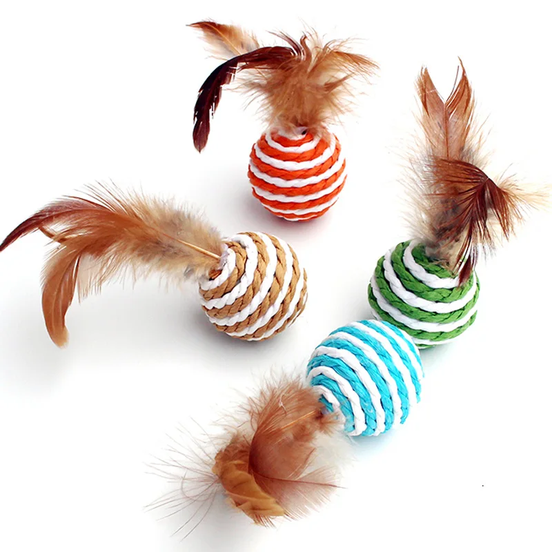 4Pieces Colorful Sisal Interactive Ball Cat Toy Pet Supplies Feather Cat Training Catcher Cat Accessories Random Color Toy Ball