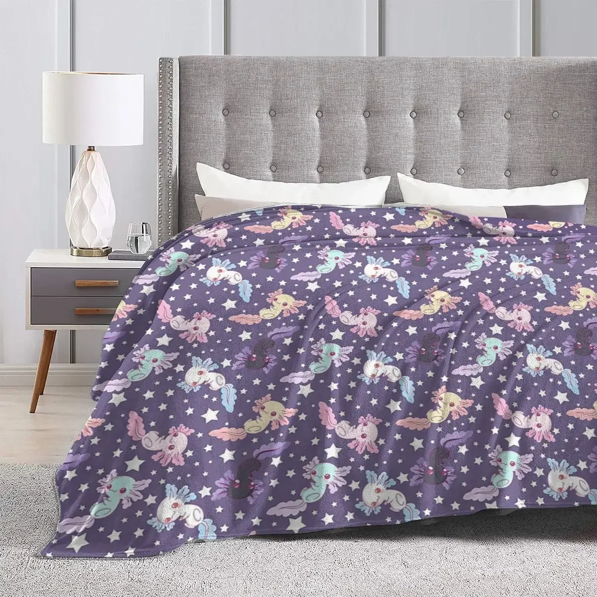 Kawaii Axolotl Pattern Lilac Blankets Soft Warm Flannel Throw Blanket Bedding for Bed Living room Picnic Travel Home Sofa