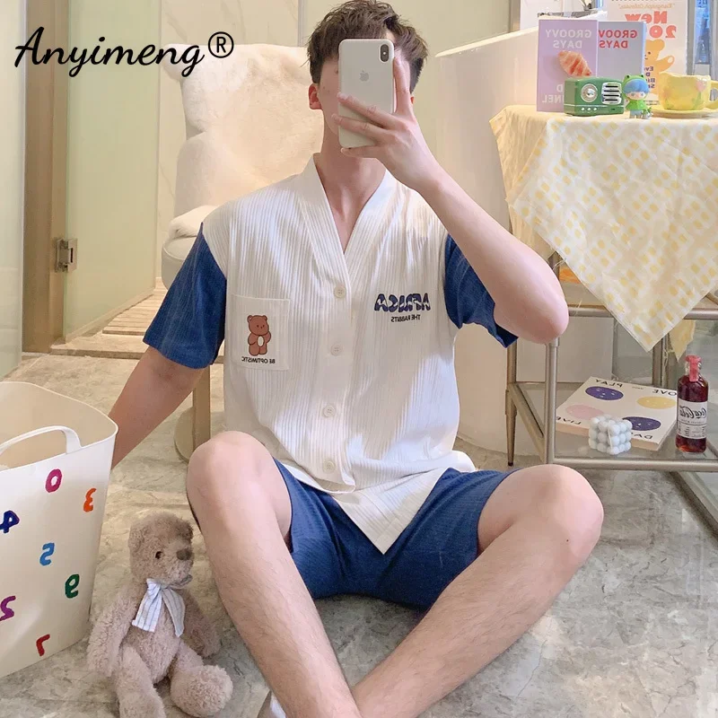 Summer Cotton Pajamas for Men Short Sleeved Kimono Pyjamas Kawaii Bear Print Nightwear Cardigan Sleepwear Causal Homewear