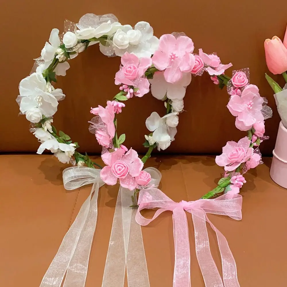 Colorful Floral Garland Fairy Simulation Flower Mesh Children Flower Headband Hair Ornaments Hair Hoop Bridal Crown Headress