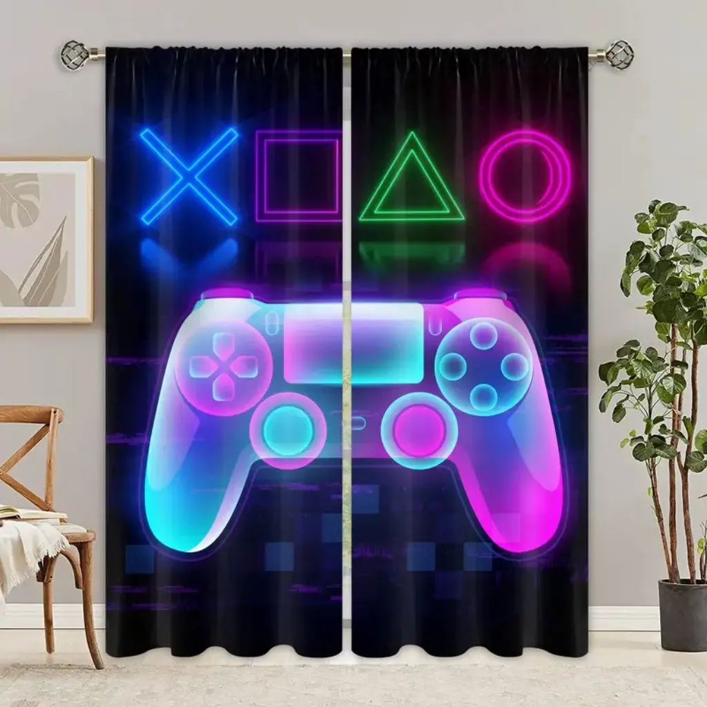 2pcs Gamepad Red Black Printed Translucent Curtains For Living Room Rod Pocket Curtain Multi-scene Polyester Decorative Drapes