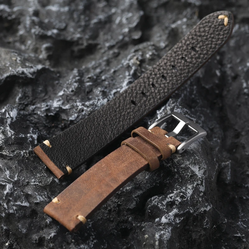 Handmade First Layer Cowhide Watchband 18 19 20 22MM Leather Soft Old Adapted To Mountaineer Watch Vintage Watch Men Bracelet