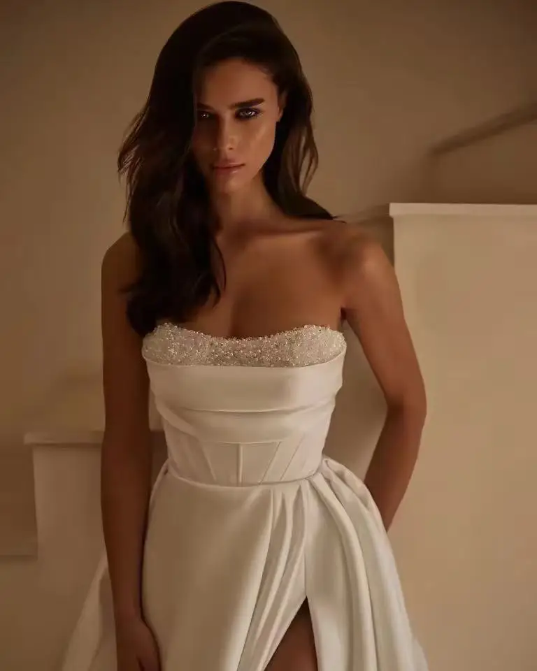 Shiny Beaded Around Pleat Satin A Line Wedding Dresses Side Slit Detachable Long Sleeves Customized Vestido De Noival