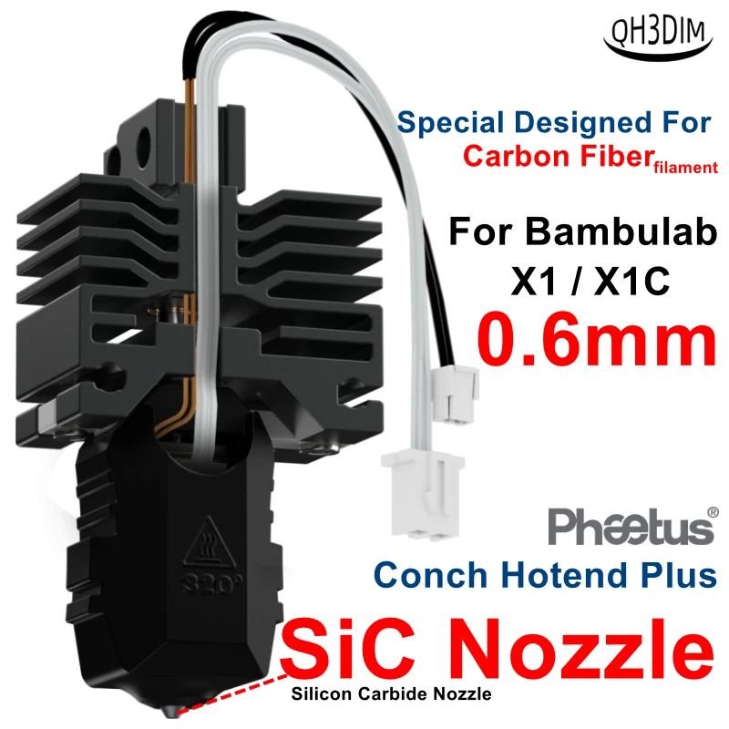 0.6mm Phaetus Conch Hotend Plus For BambuLab X1 X1C 3D Printer 0.6mm SiC Nozzle EndCoat Heatbreak against Carbon Fiber filament