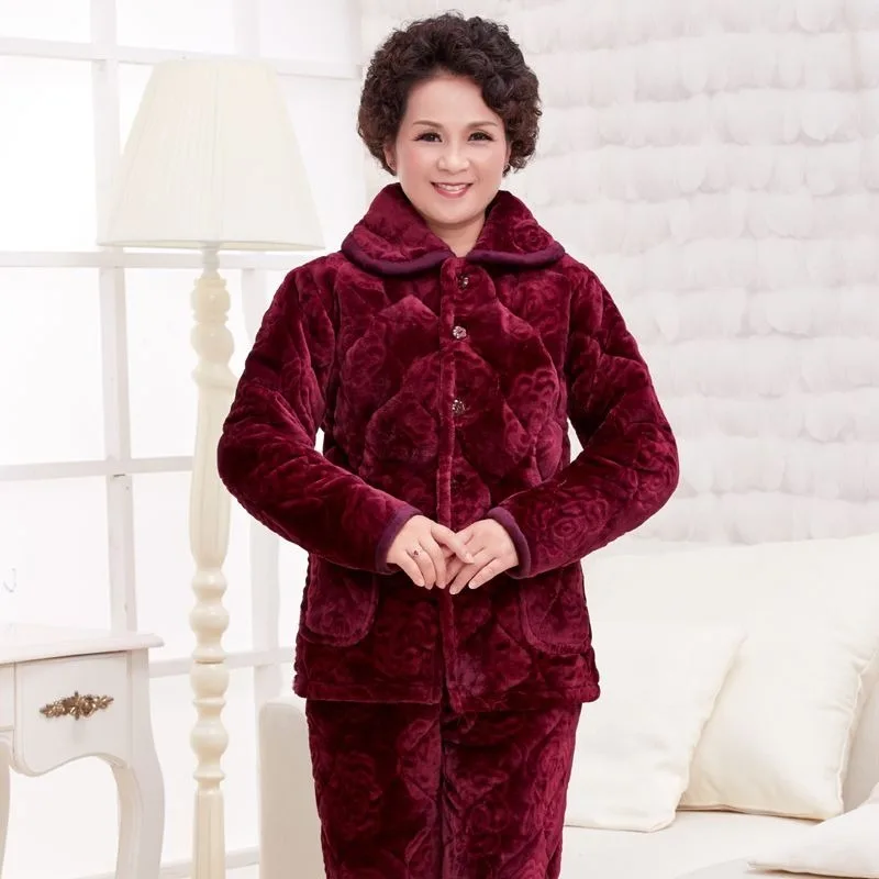 2023 New Winter Women Middle-aged Elderly Coral Velvet Padded Thickened Pajama Set Oversized Elderly Pajama Cotton Jacket